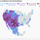 A map showing where drought is taking place in North and Central America. New Mexico, California, and Mexico are among the hardest hit places.